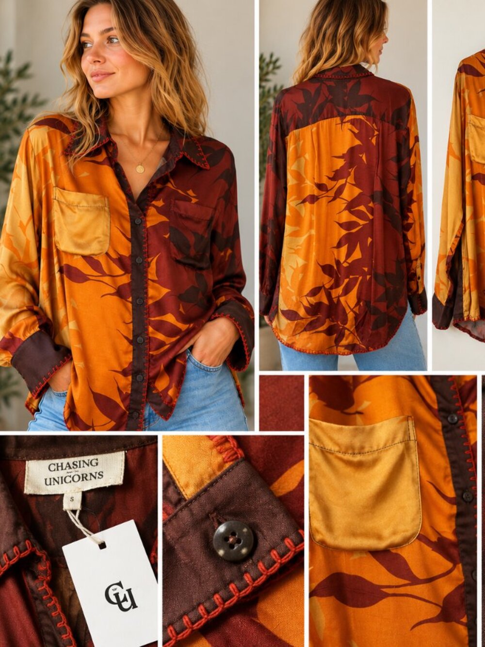 Chasing Unicorns S Botanical Satin Shirt Boho Art Print Handmade NWT